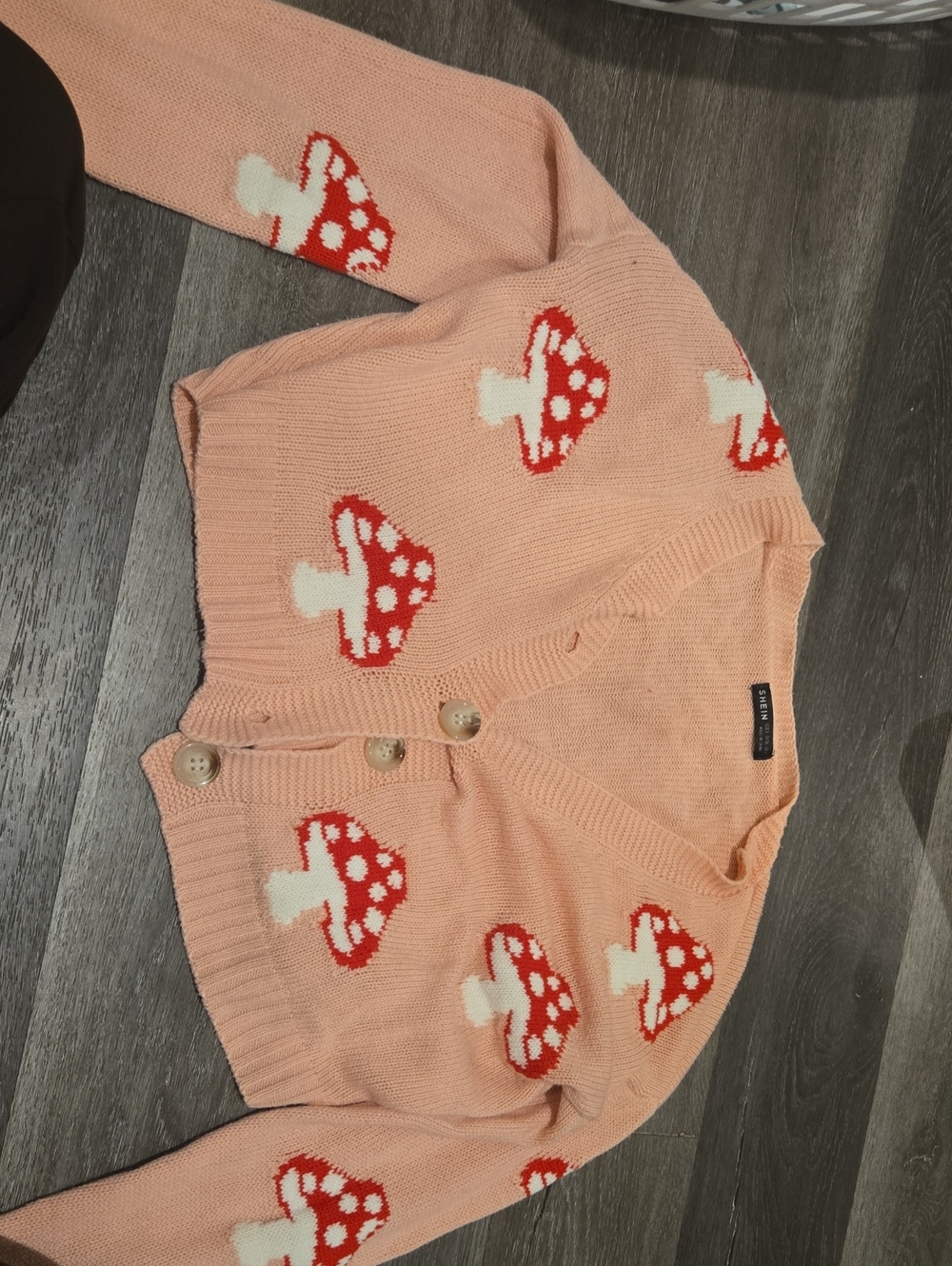 SHEIN Peach Cardigan with Red & White Mushroom Motifs